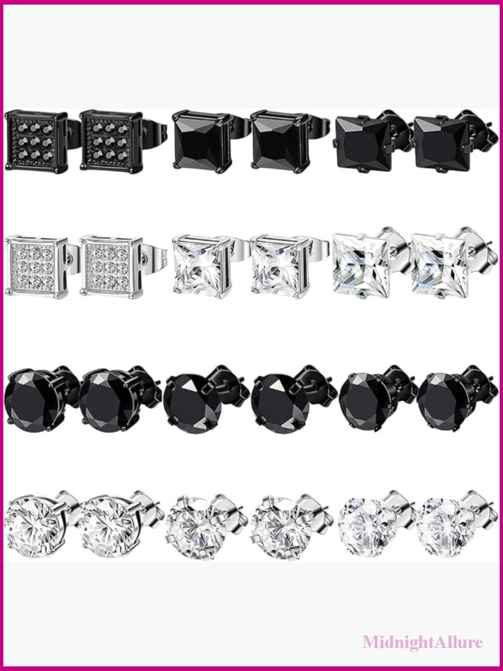 12 Pairs Stainless Steel Stud Earrings Unisex CZ Hypoallergenic